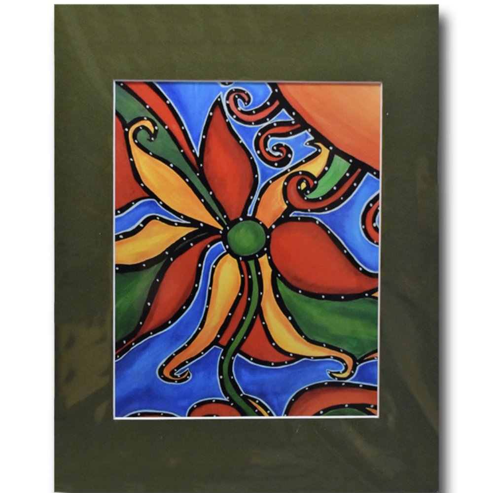 Colorful Matted Signed Art Print Abstract Flower